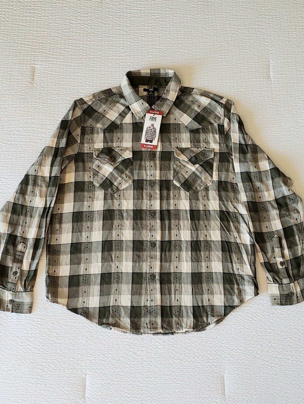NWT! FRYE Men's Jacquard Flannel Cowboy 2-Pocket Plaid Shirt (XL) Green/Ivory
